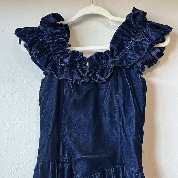 Vintage Velvet Blue Prom Event Evening Wedding Fancy Handmade Drop Waist Ruffle - Picture 2 of 7